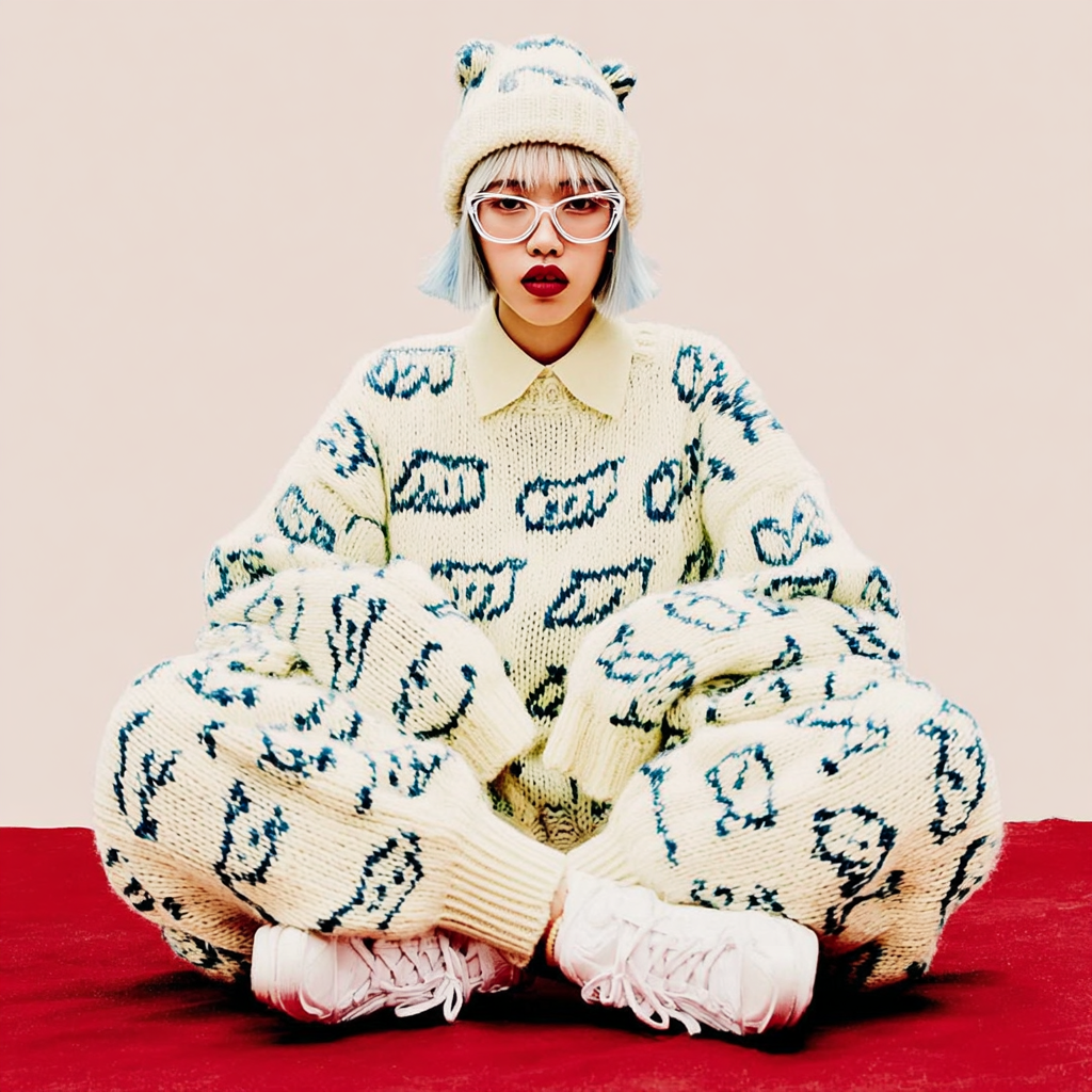 Person with short platinum hair and white glasses wearing a cream knit sweater, matching pants, and hat with blue patterns, sitting cross-legged on a red surface.