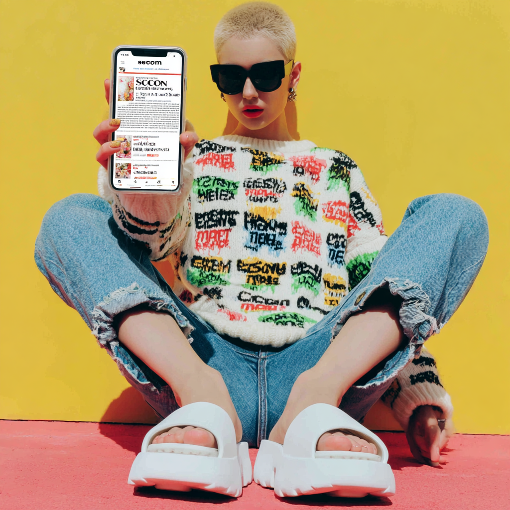 Person with short blonde hair wearing black sunglasses, a colorful patterned sweater, ripped blue jeans, and white sandals, sitting cross-legged against a yellow wall and holding a smartphone displaying the secom website.