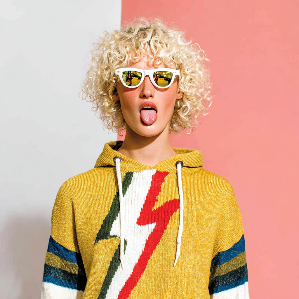 Person with curly blonde hair wearing white sunglasses and a yellow hoodie with a colorful lightning bolt pattern, sticking out their tongue.