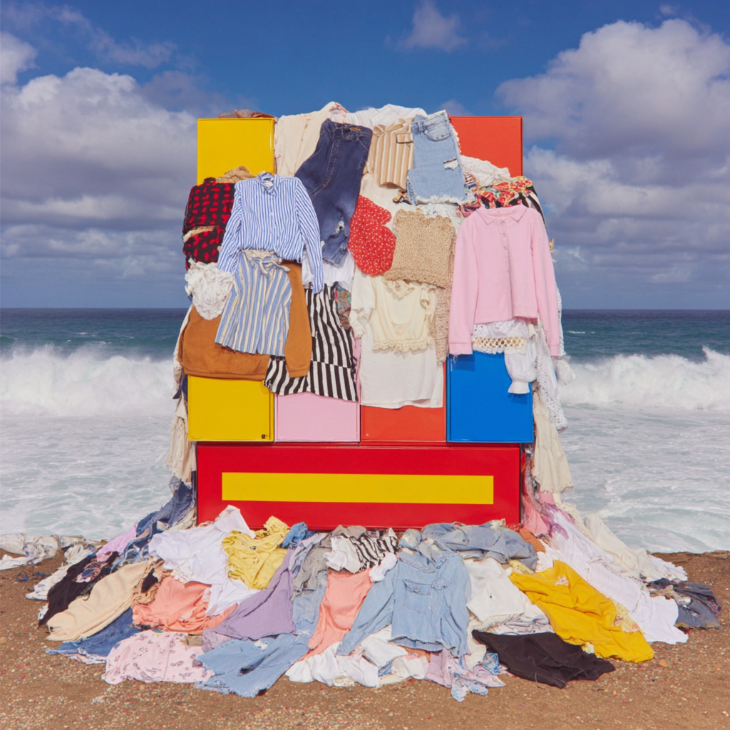 Stack of colorful clothes and denim arranged on bright red, yellow, blue, and pink blocks on a beach with ocean waves in the background.