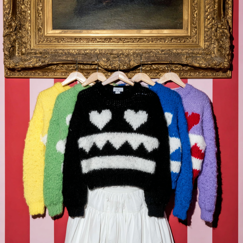 Five colorful knitted sweaters with heart designs hung on wooden hangers against a red and pink striped wall under an ornate gold frame.