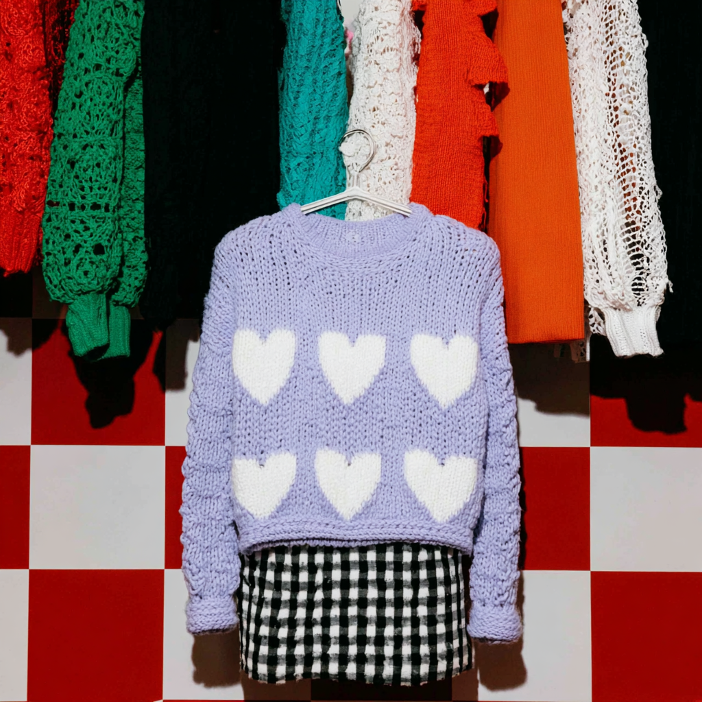 Lavender knitted sweater with six white hearts paired with a black and white checkered skirt hanging against a red and white checkered wall, with colorful knitwear in the background.
