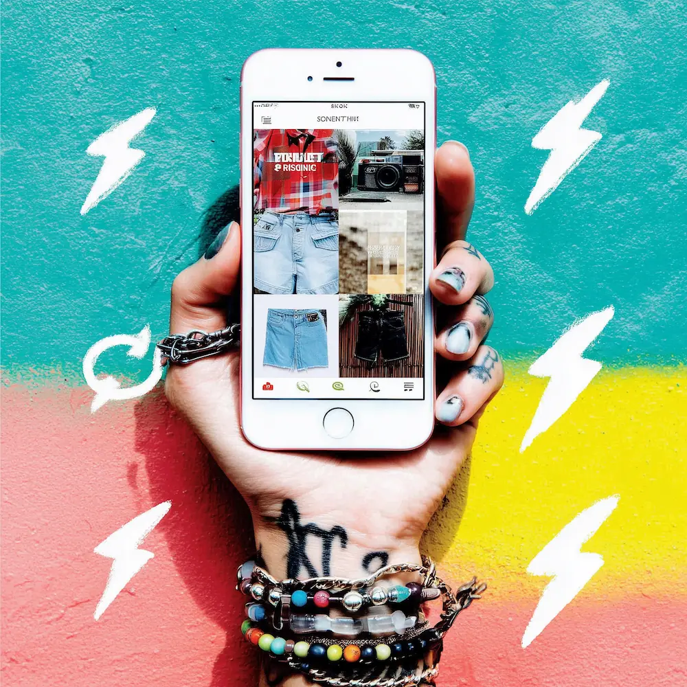 Hand with tattoos and colorful bracelets holding a smartphone displaying a shopping app with clothing items, against a colorful wall with white lightning bolt drawings.