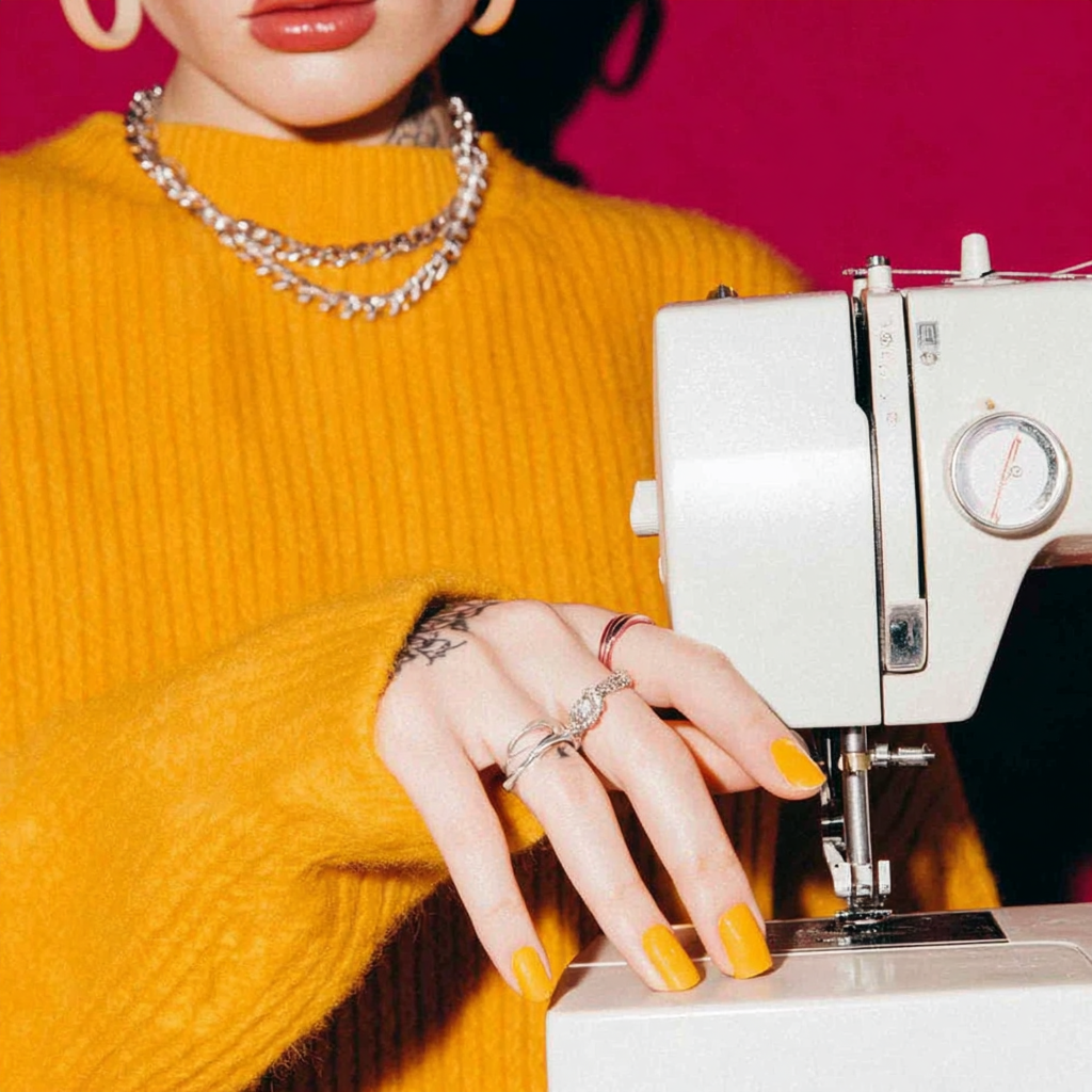 Person in a mustard yellow sweater using a white sewing machine, showing manicured hand with matching yellow nails and silver rings.