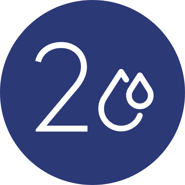 Vit symbol föreställande siffran 2 och två vattendroppar på en mörkblå cirkulär bakgrund.
