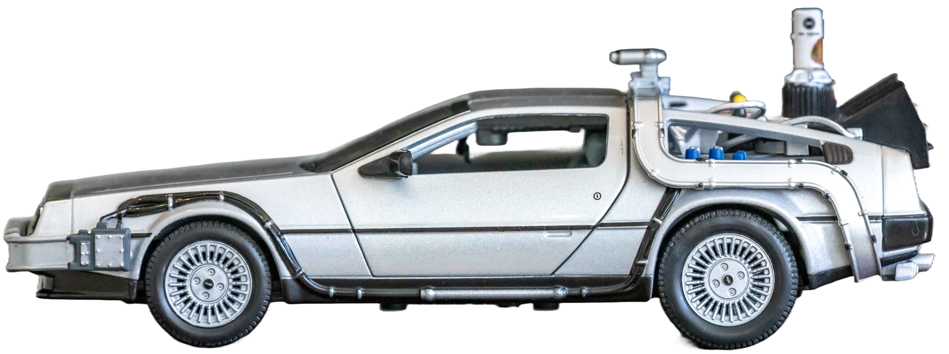 Side view of a silver DeLorean car model with unique detailing and futuristic modifications.