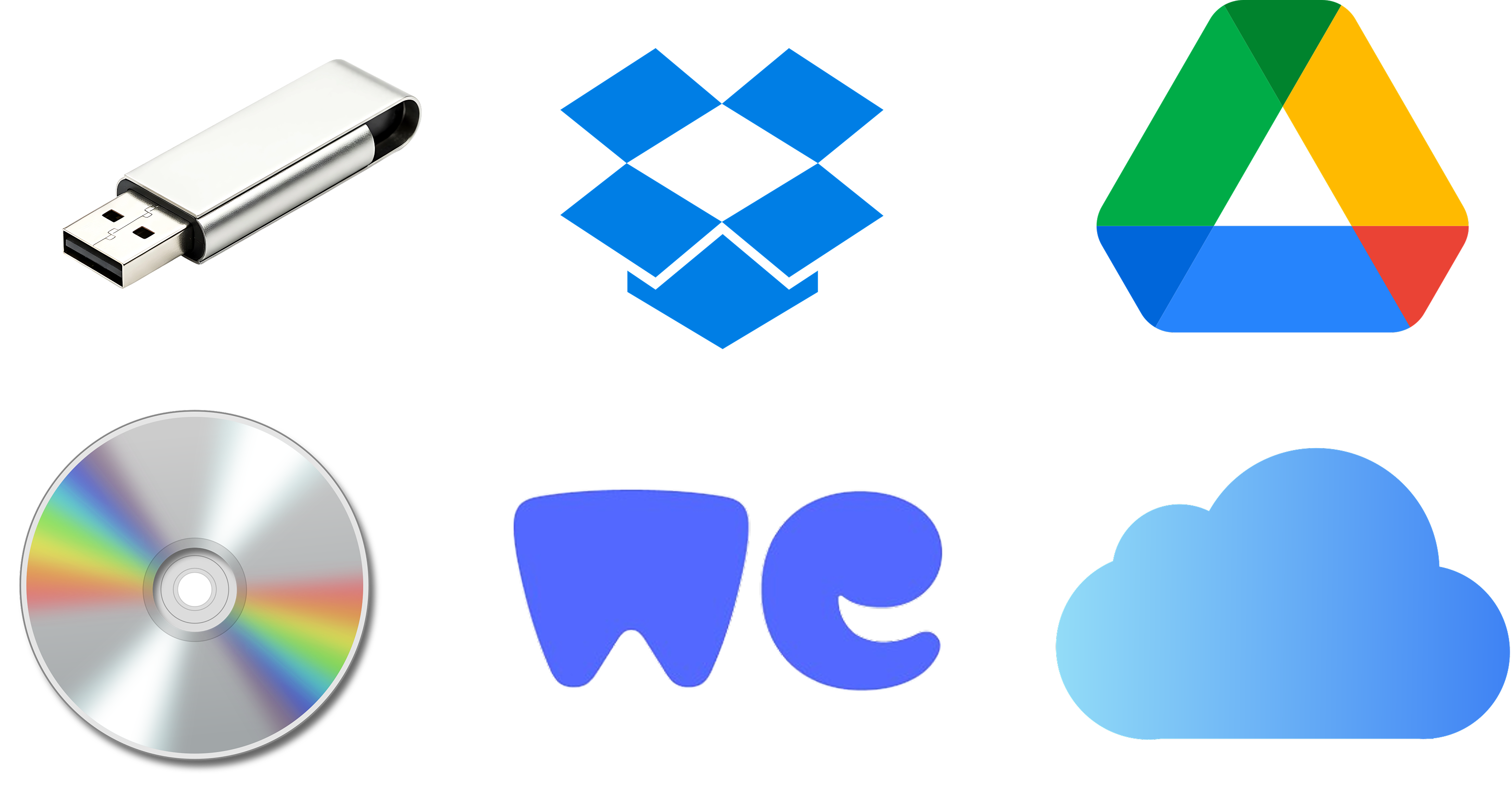 Six file storage icons: USB flash drive, Dropbox, Google Drive, compact disc, WeTransfer, and Apple iCloud.