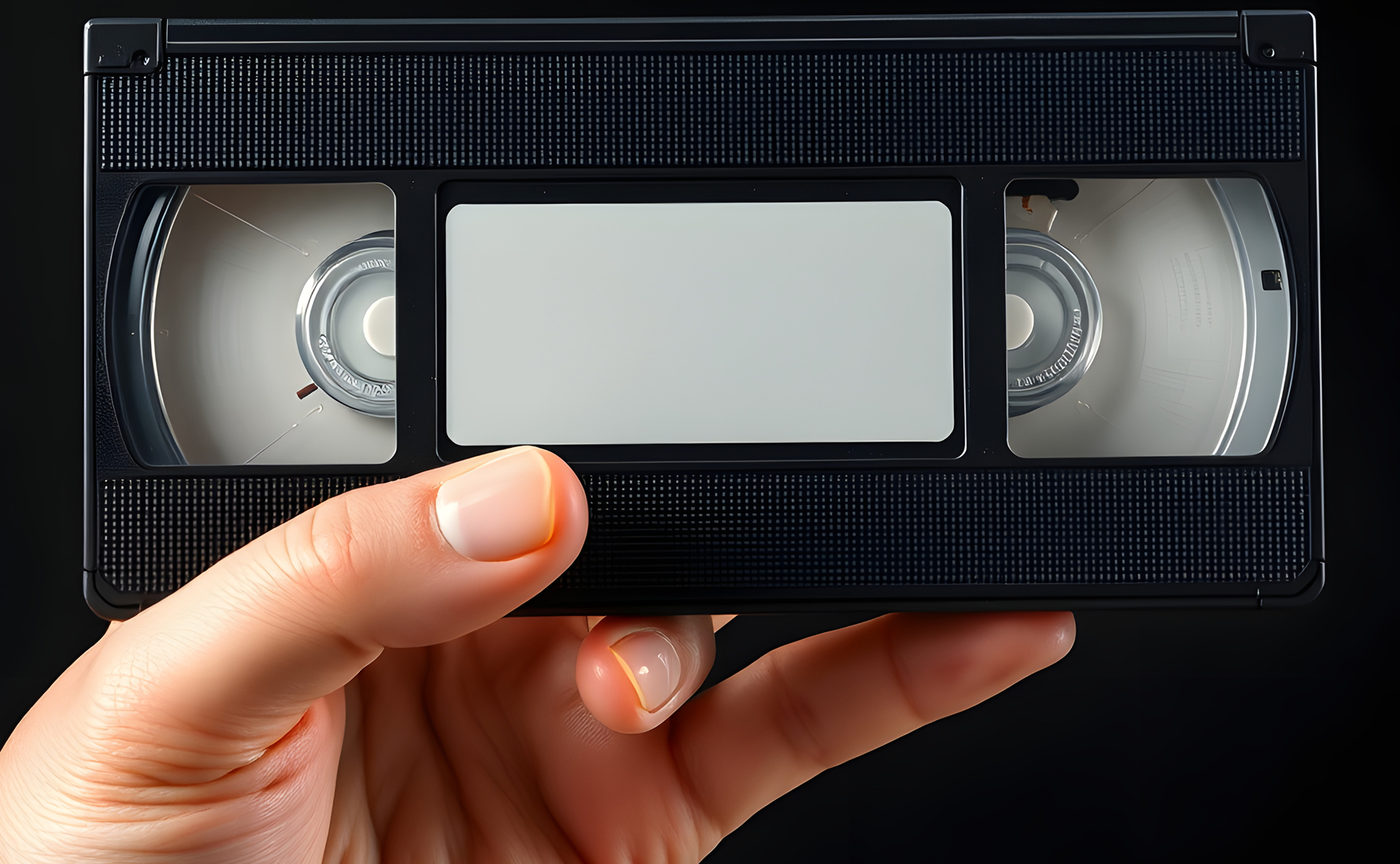 Hand holding a black VHS tape with a blank white label against a dark background.
