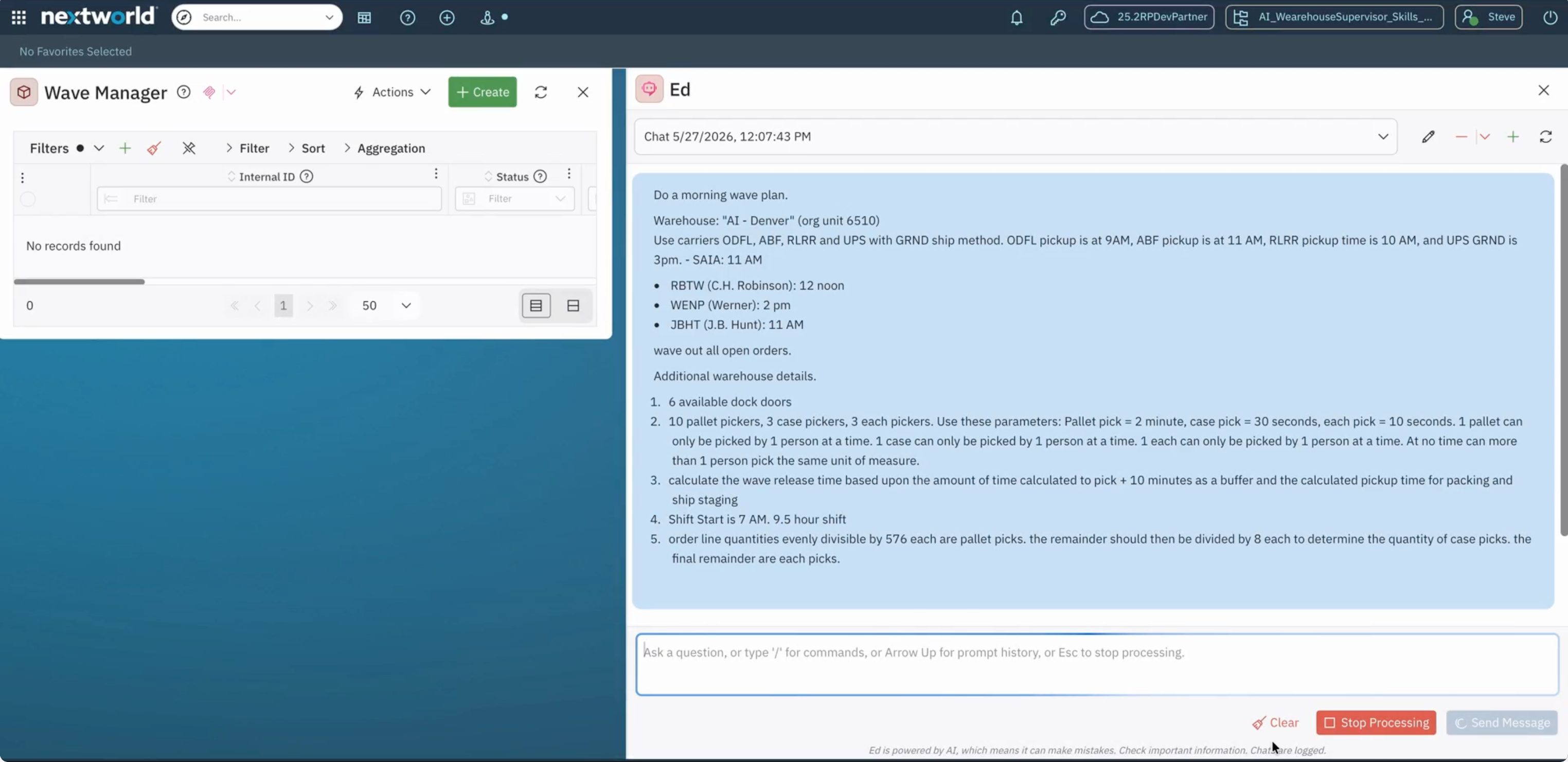 Nextworld interface showing Wave Manager with no records and a blue chat window containing detailed wave plan instructions.