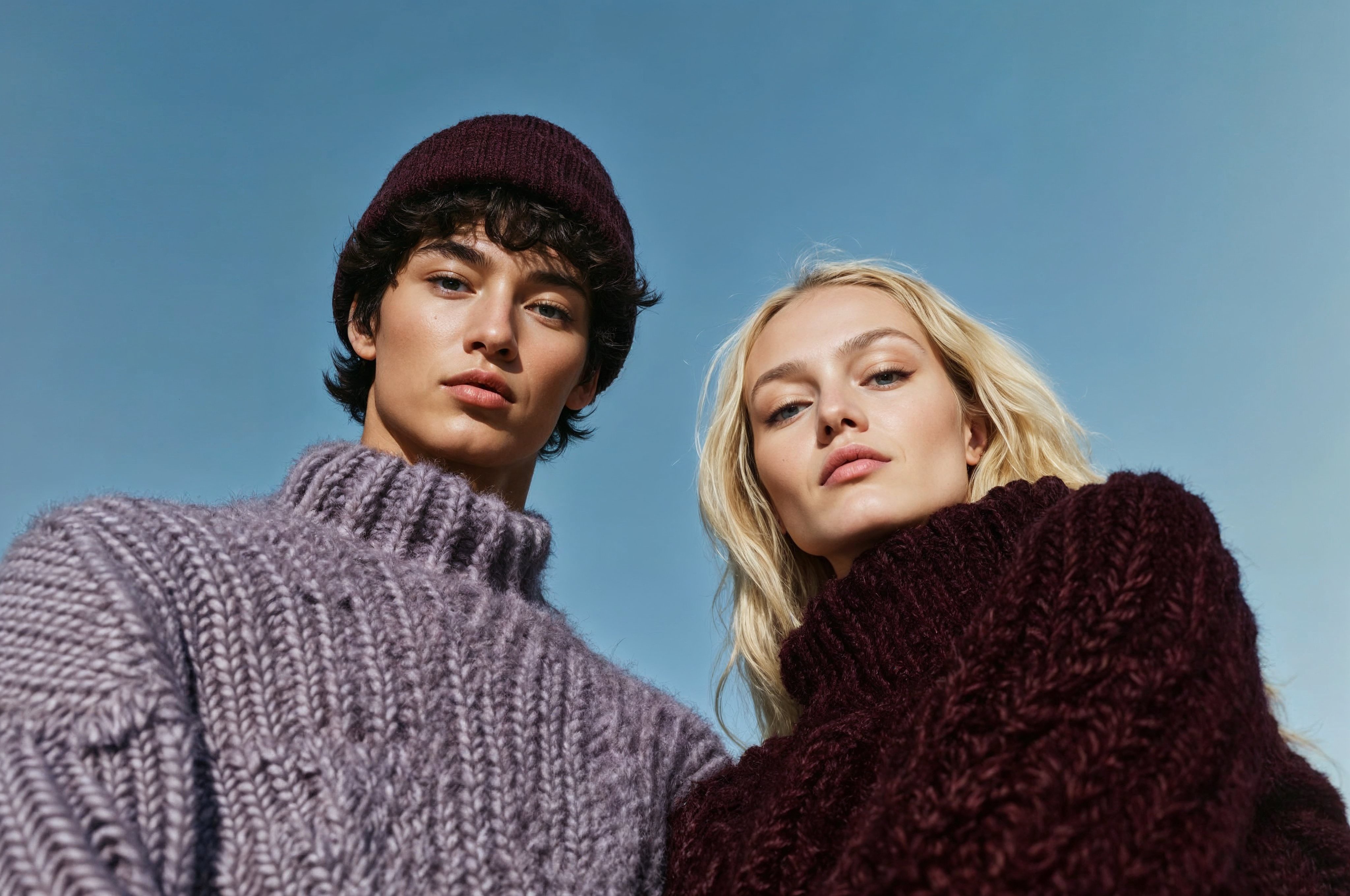 Two young models wearing chunky knit turtleneck sweaters in lavender and deep burgundy against a clear blue sky.