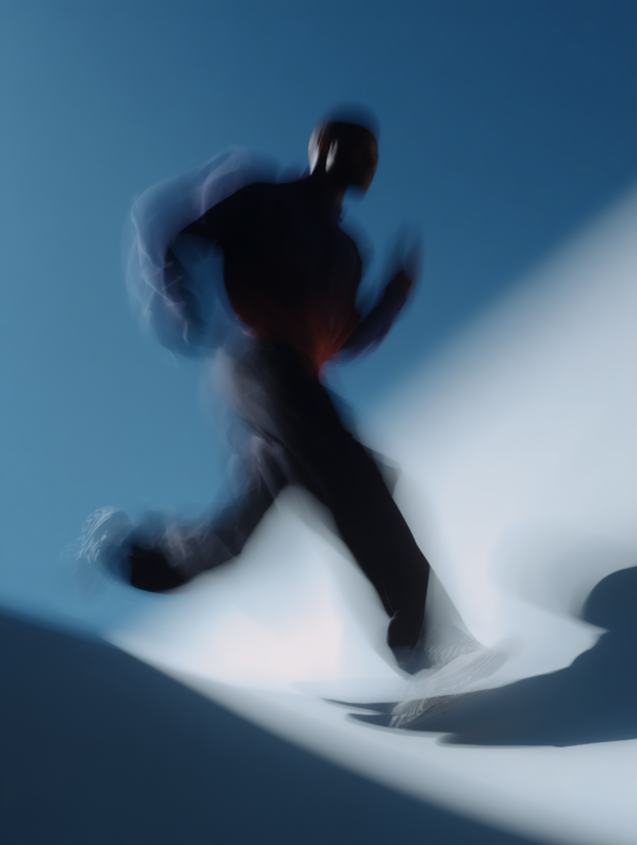 Blurred figure of a person running against a blue and white background, conveying dynamic motion.
