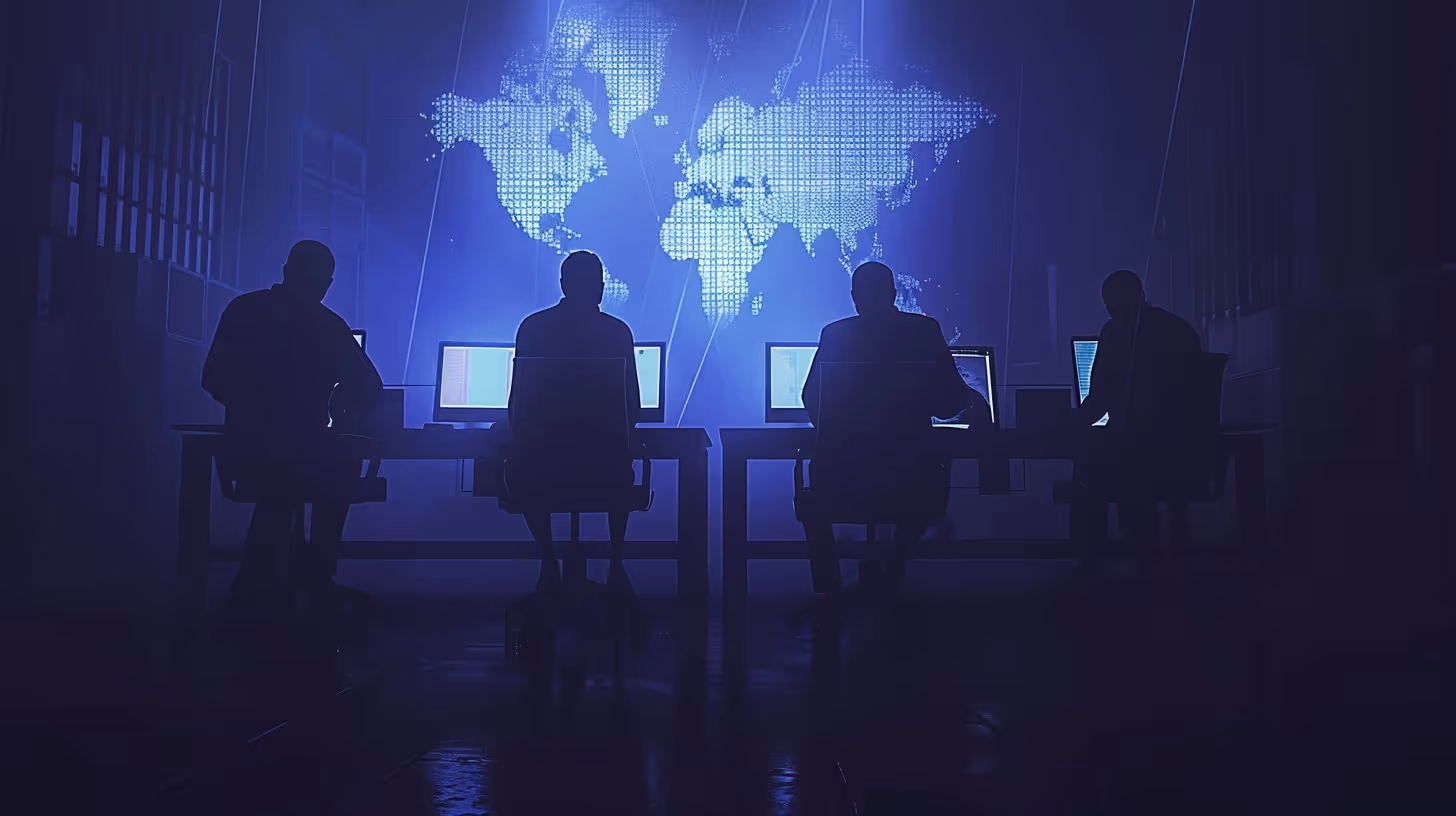 Silhouettes of four people sitting at desks with computer screens, with a digital world map projected on a blue background behind them.