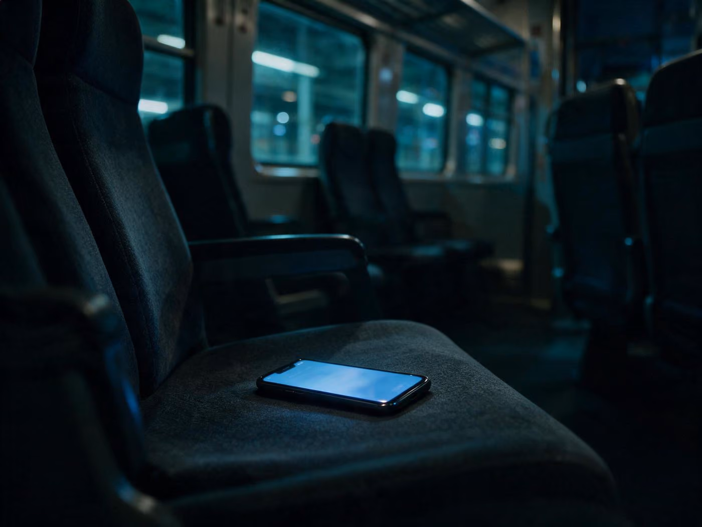 A smartphone left behind on an empty train seat