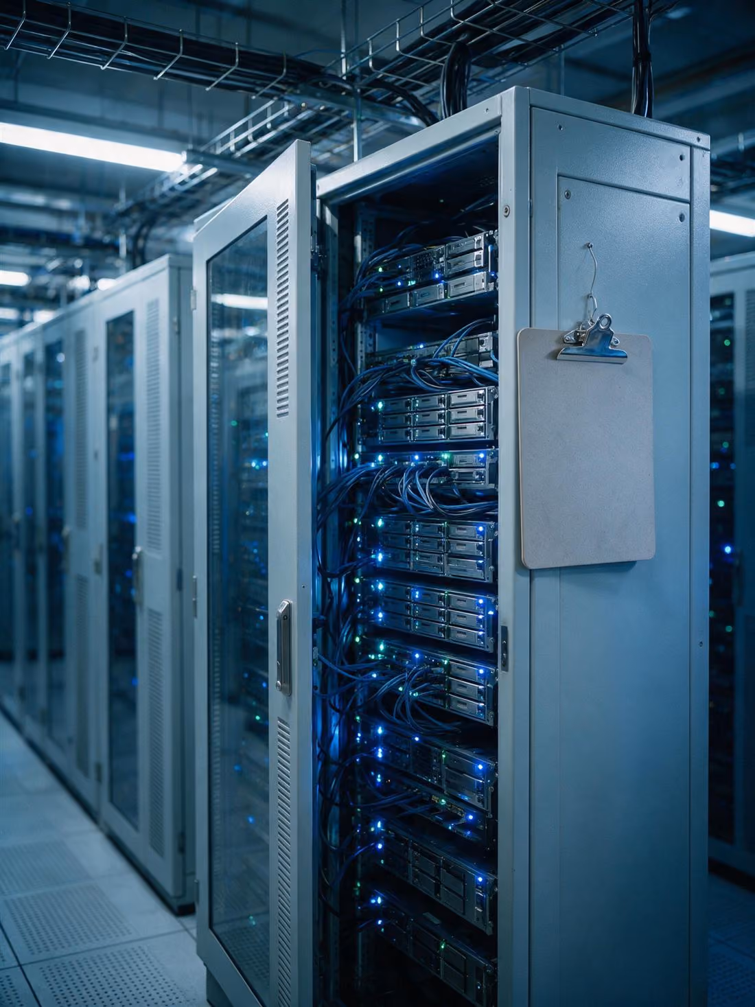 Server cabinets in a data centre, with a clipboard hanging on the open rack door