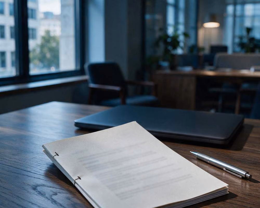 A printed report open on a boardroom table beside a closed laptop