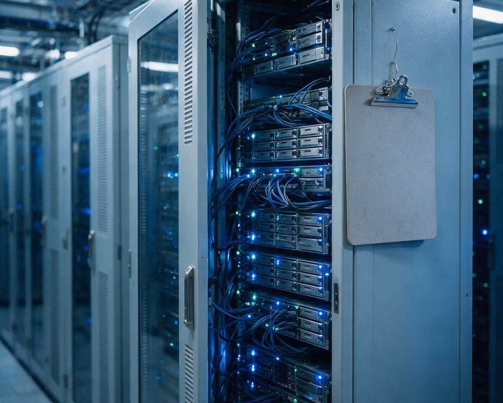 A rack of servers in a data centre with blue status lights