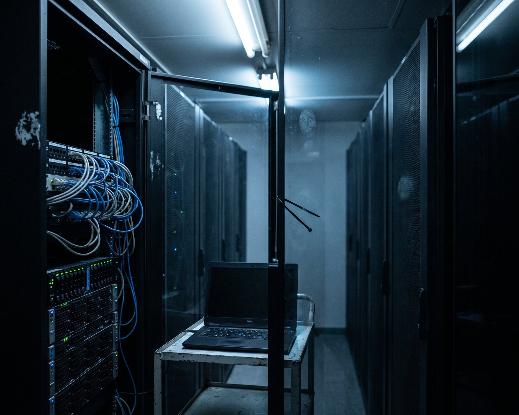Open server rack showing a patch panel of network cabling, with a laptop running a scan on a cart in the aisle