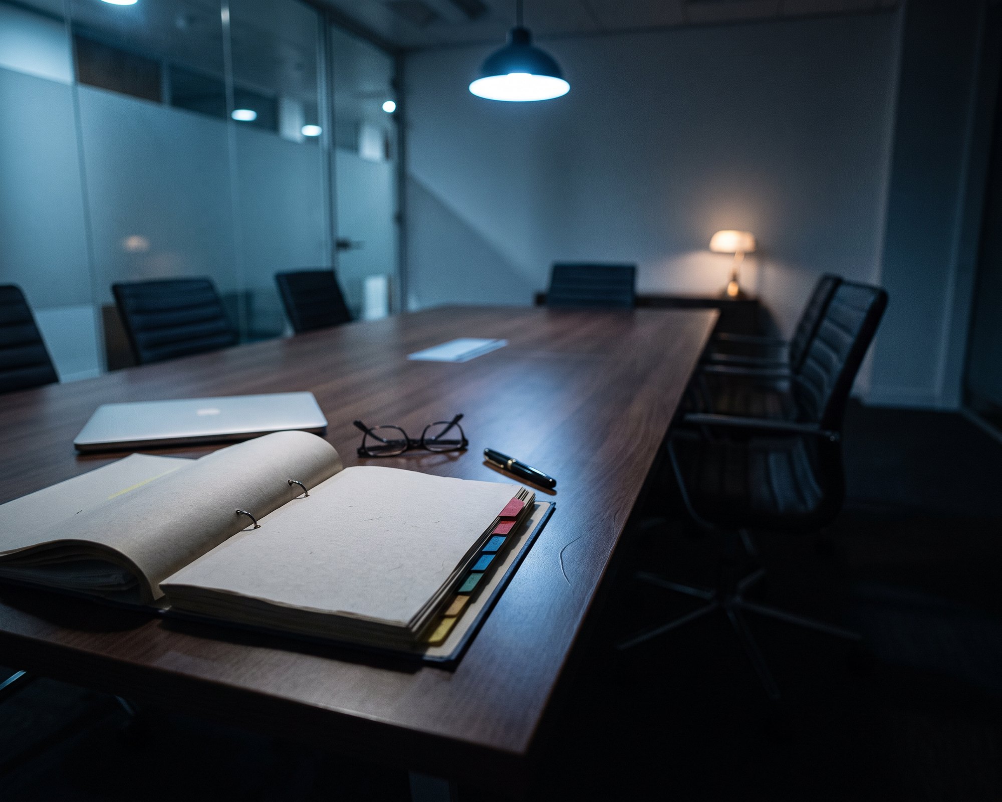 Boardroom table at night with an open ring binder of colour-tabbed sections, reading glasses and a pen, set for a security review