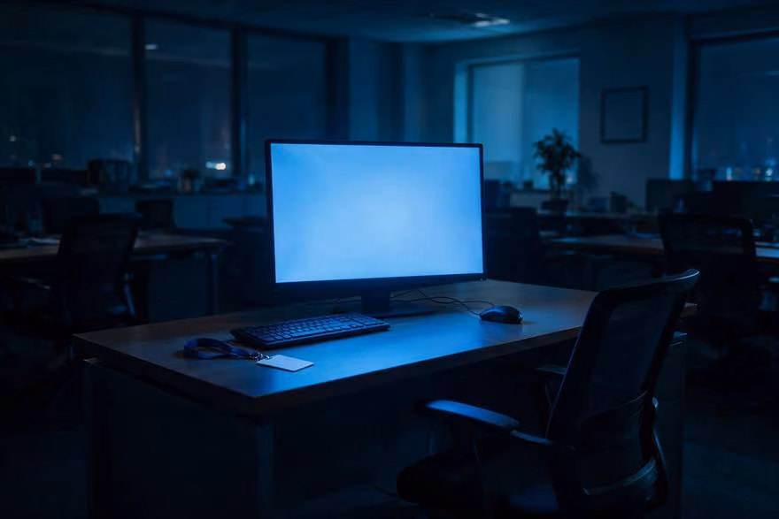 An empty desk with the monitor still logged in