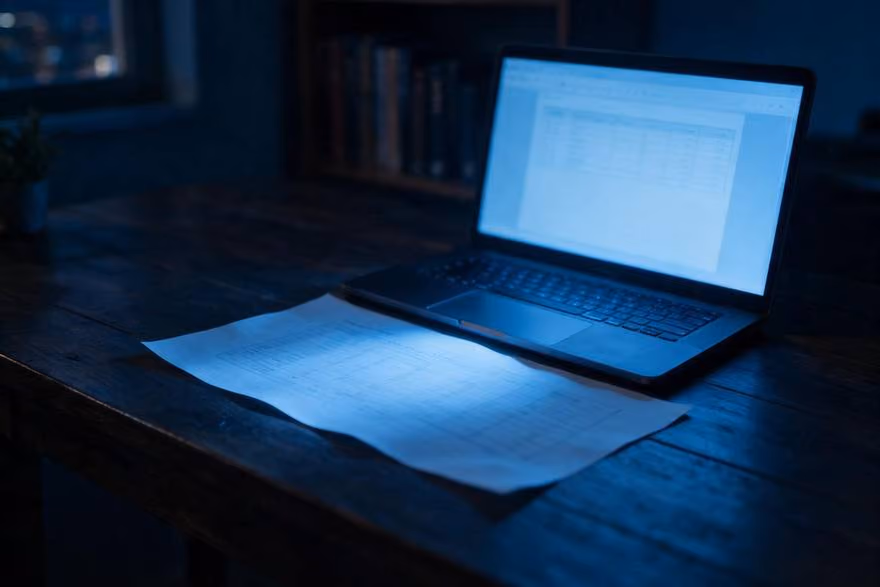 A printed sheet lying beside a laptop showing the same spreadsheet