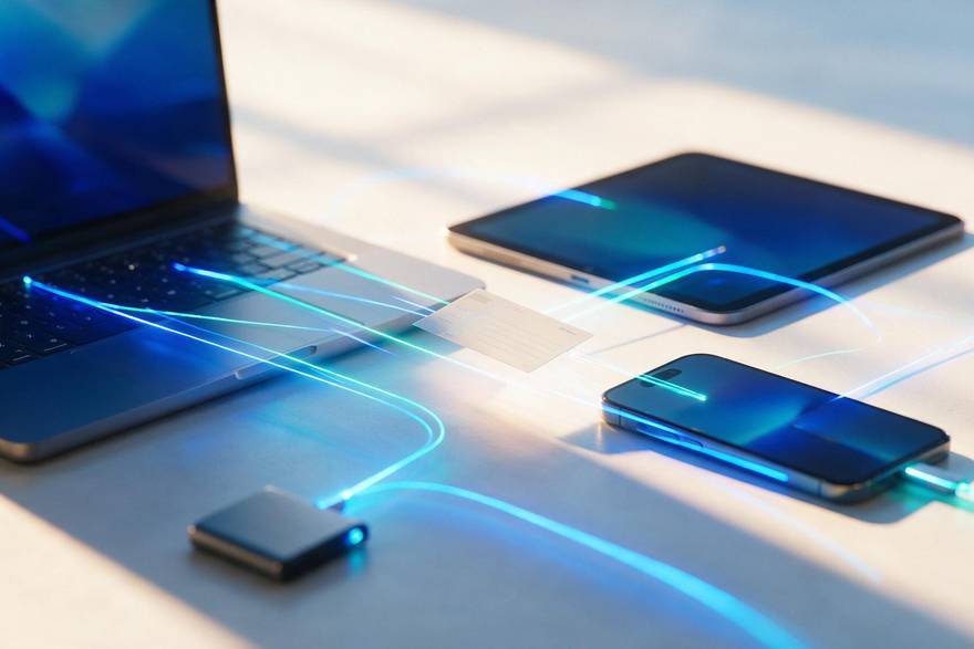 Devices on a desk joined by strands of light