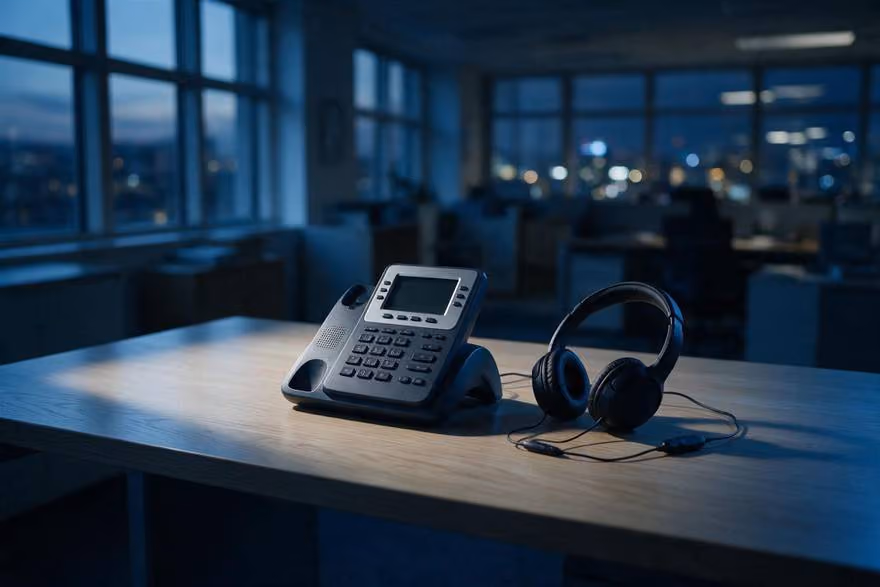 A desk phone and headset on an empty desk in an evening office