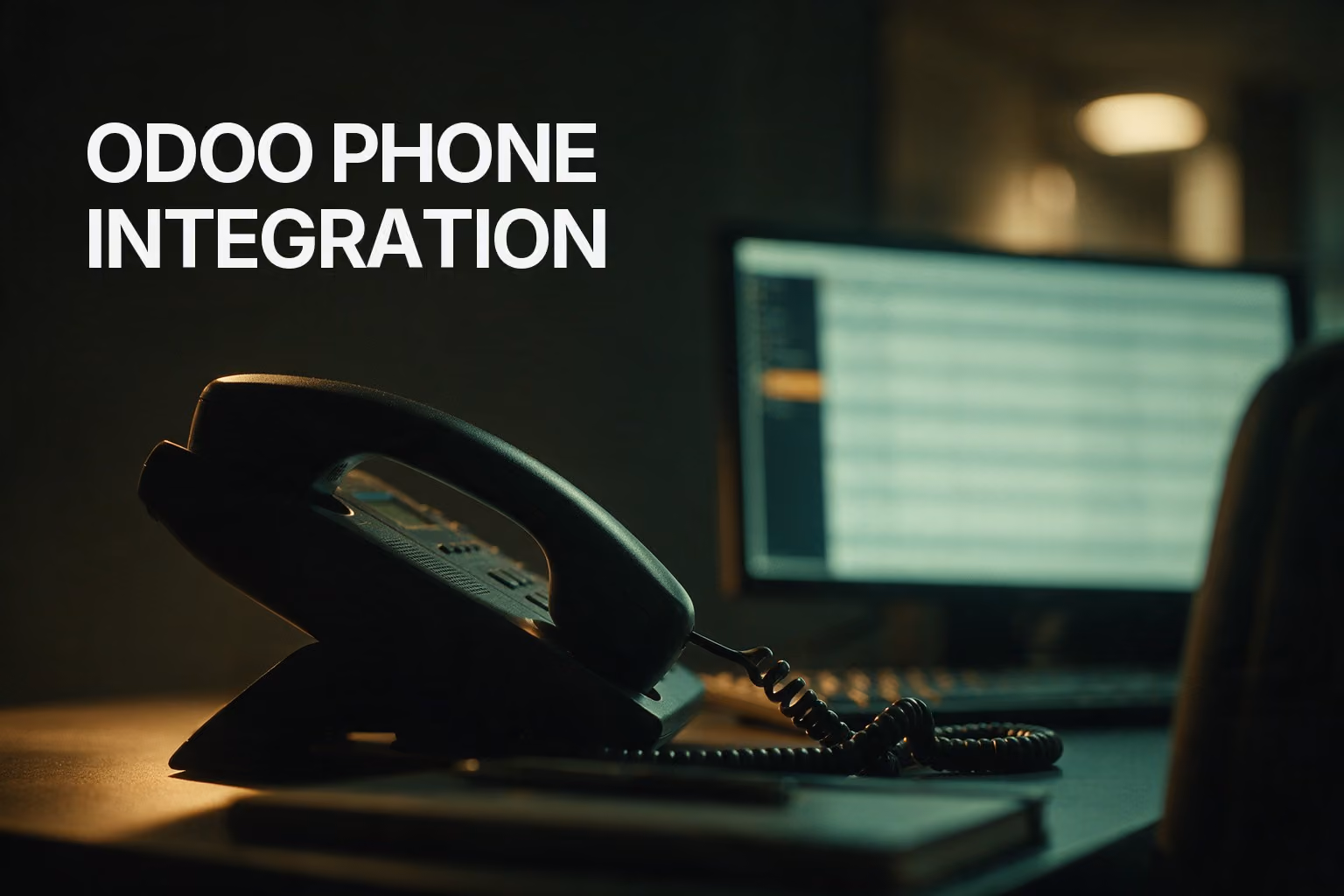 A desk phone on a dark office desk, lit by a monitor showing rows of call records, captioned Odoo Phone Integration.