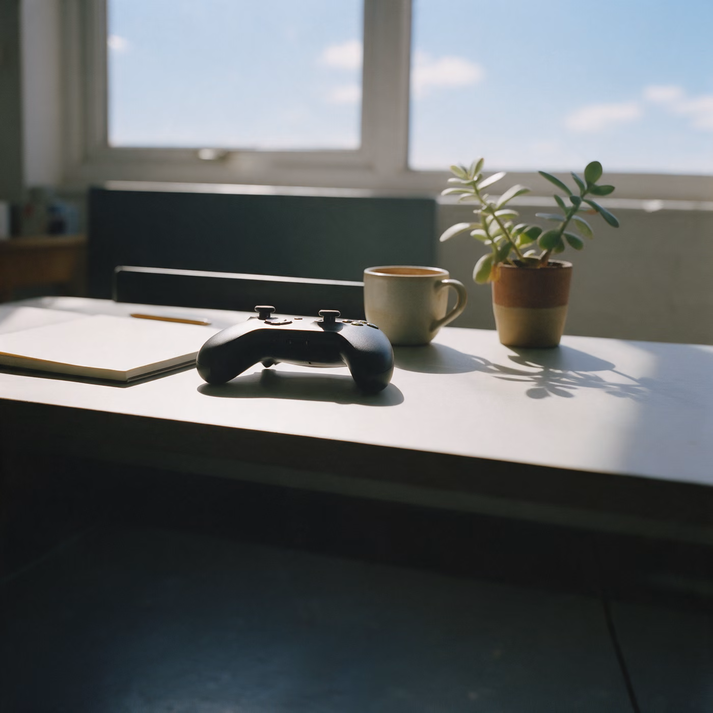 IT support Guildford: a games developer's desk with a controller and sketchbook in a Guildford studio