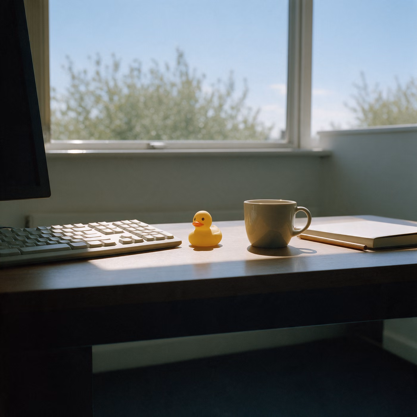 IT support Wokingham: a software developer's desk with a keyboard and a rubber duck