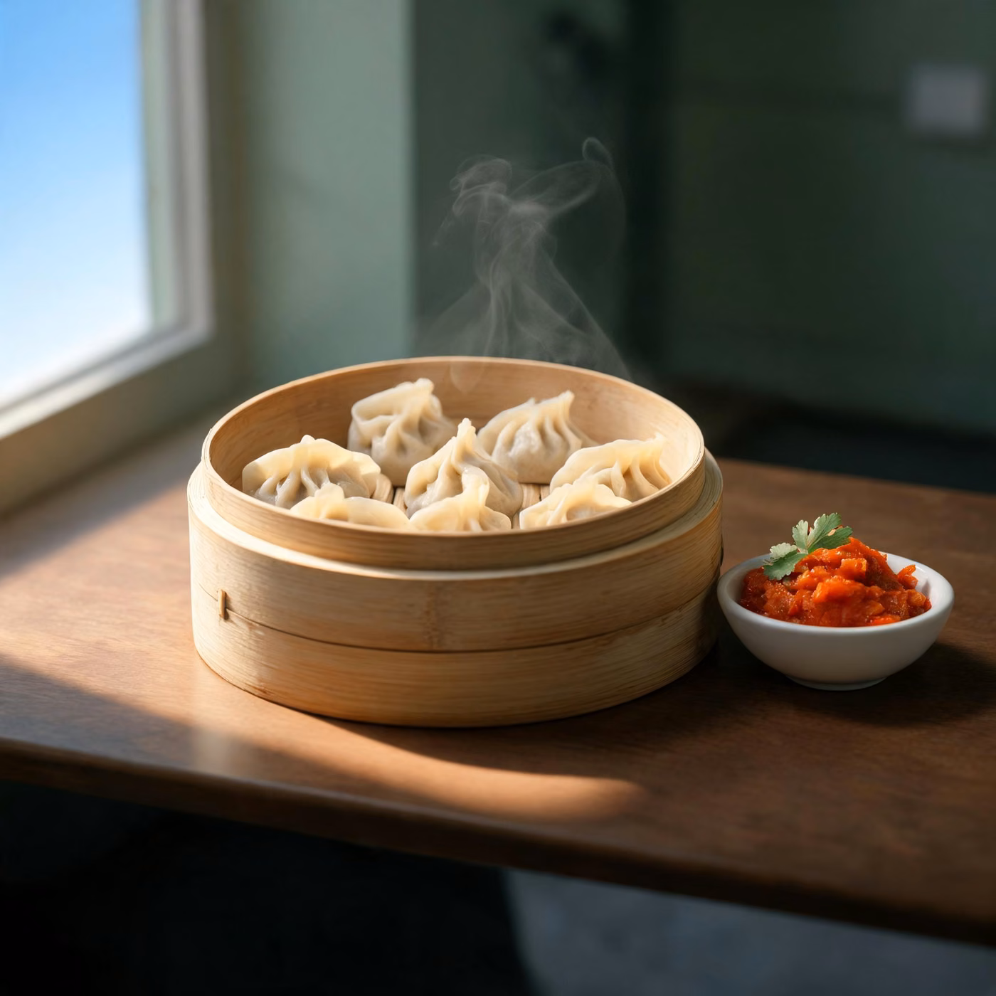 IT support Aldershot: momo dumplings in a bamboo steamer at a local restaurant