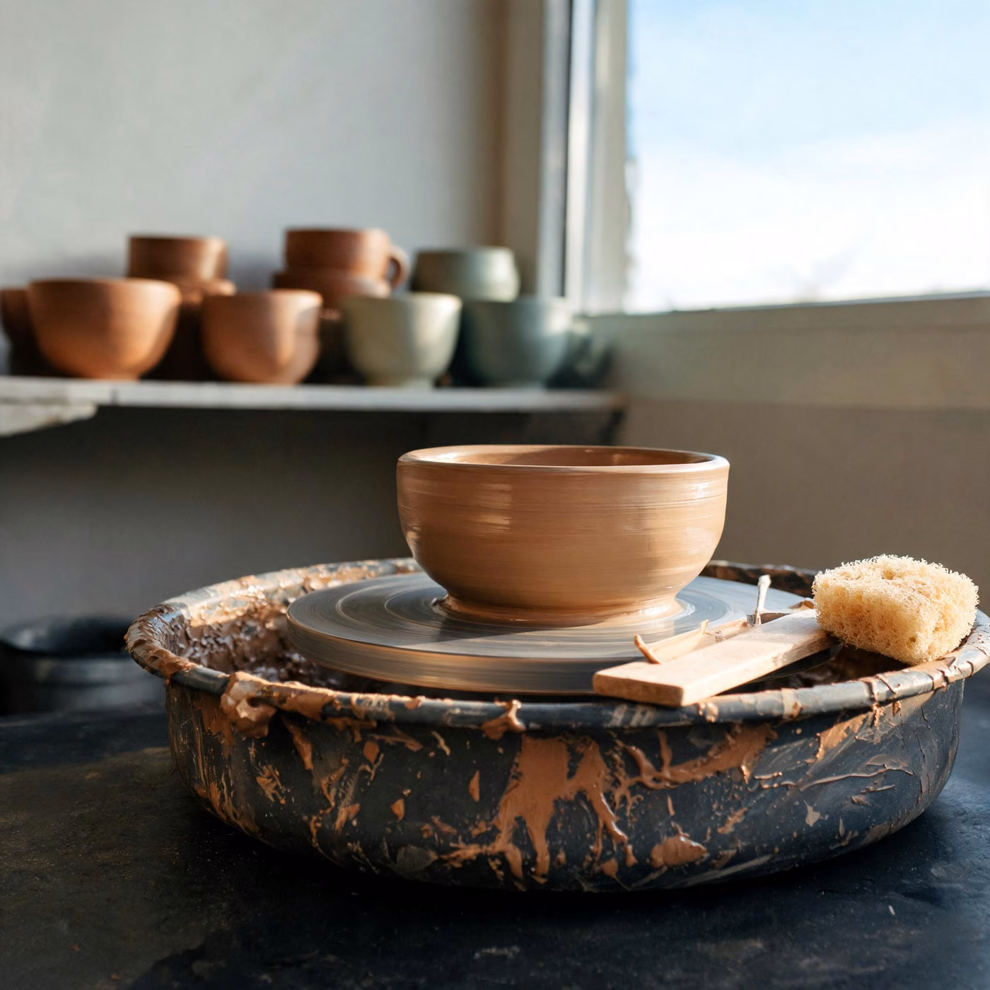 IT support Farnham: a freshly thrown bowl on a potter's wheel in a local studio