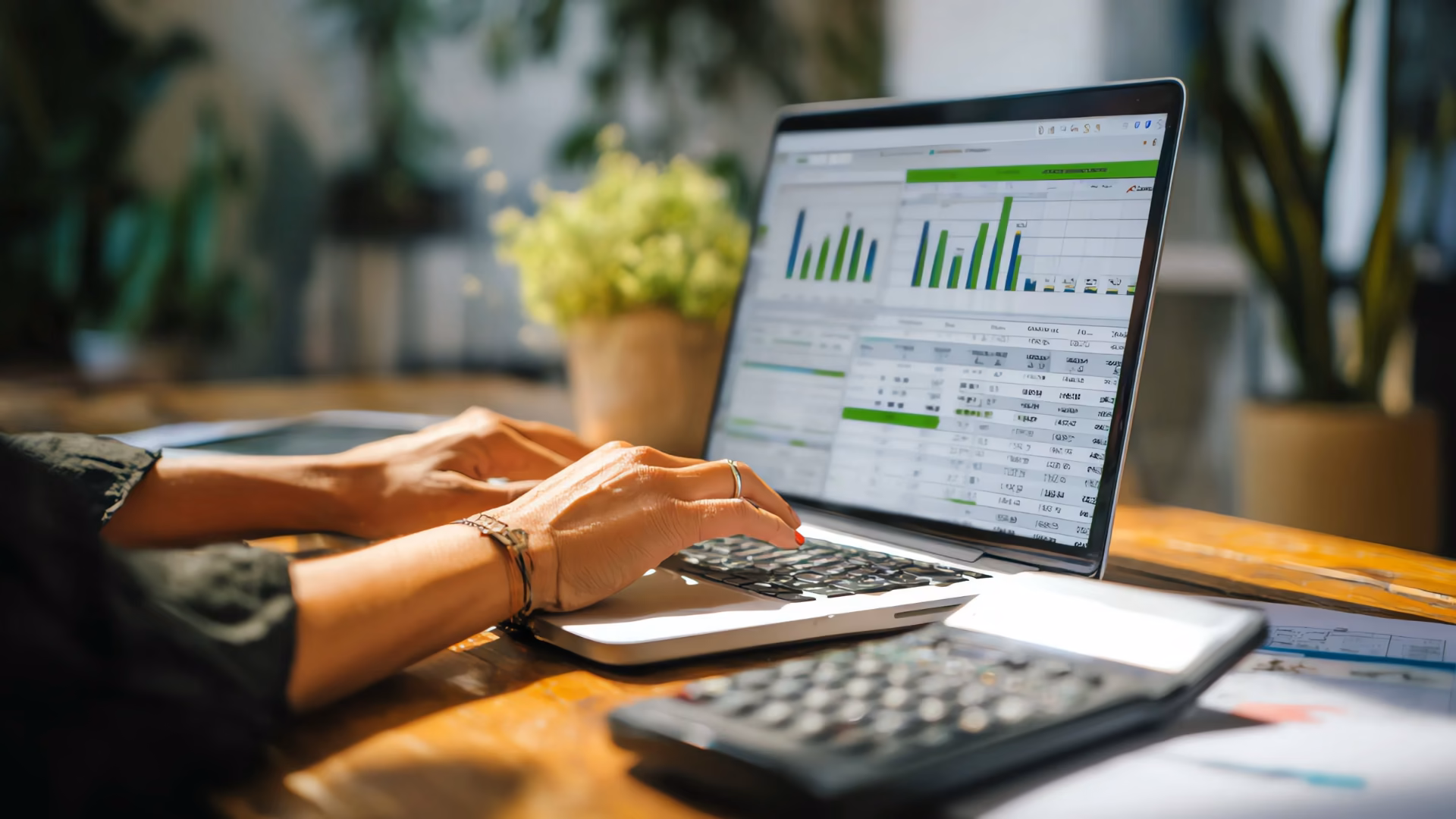Accountant working on a laptop showing financial charts, with a calculator on the desk