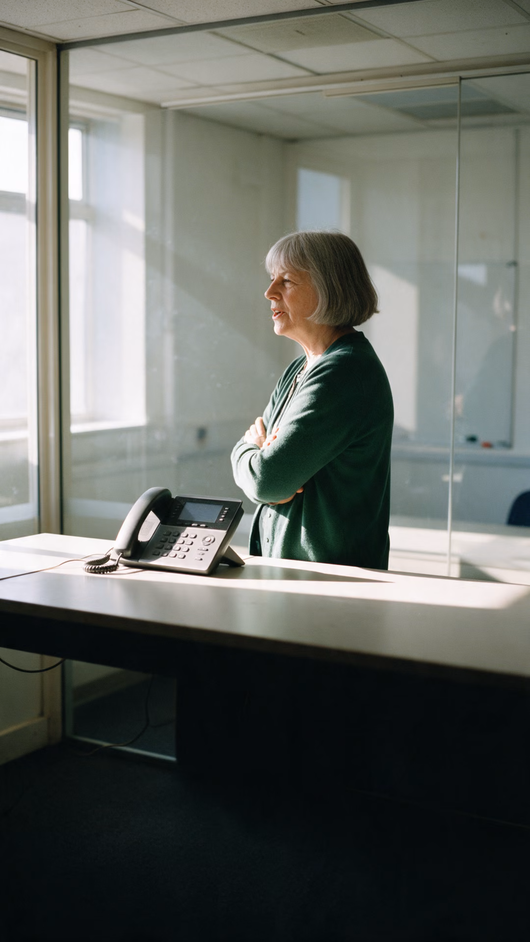 Woman talking in a glass-walled meeting room beside a desk phone on the table