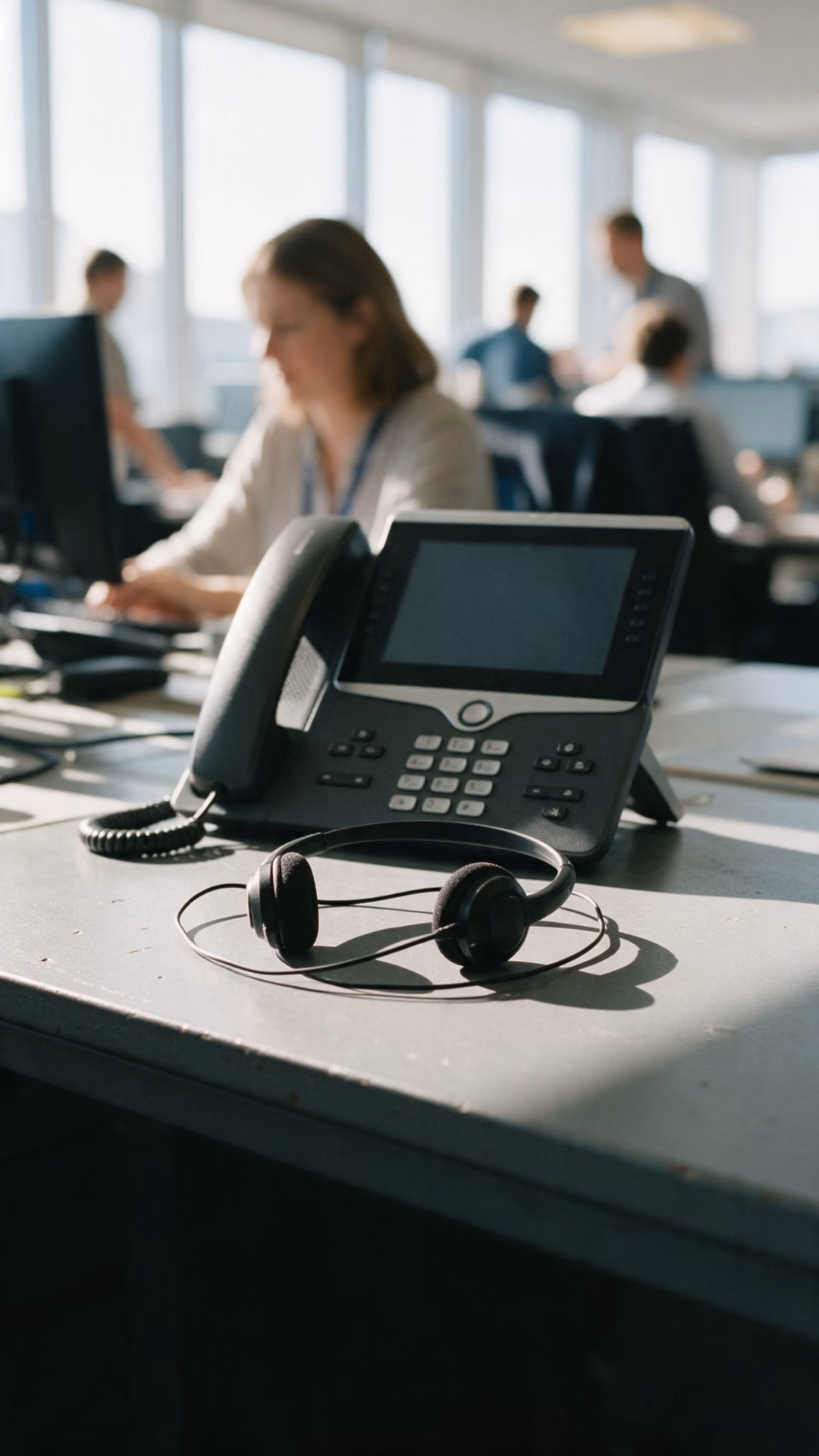 Touchscreen desk phone and a wired headset on an office desk, colleagues working out of focus behind