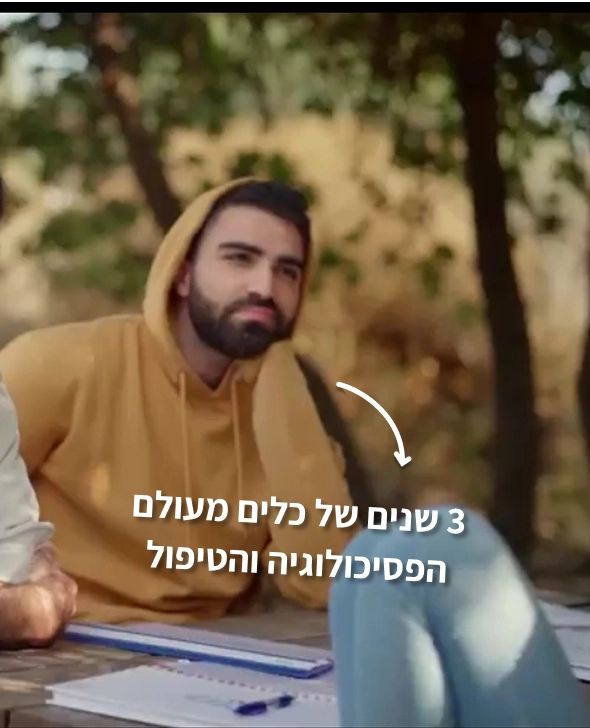 גבר עם קפוצ'ון צהוב יושב בחוץ ליד שולחן; מופיע טקסט: '3 שנים של כלים מעולם הפסיכולוגיה והטיפול'