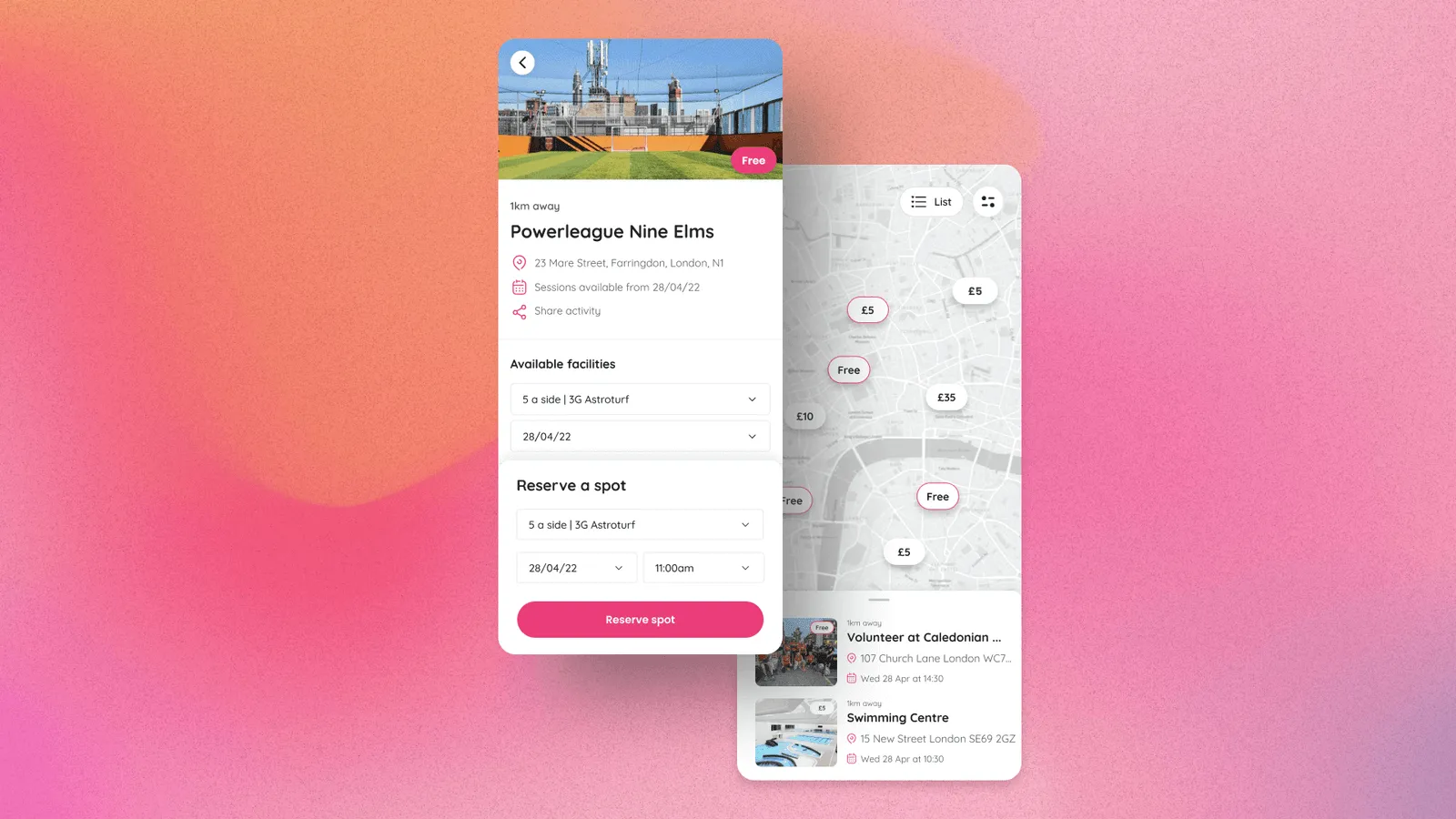 Two screens on a gradient background showing the individual page and map view from the Played app 