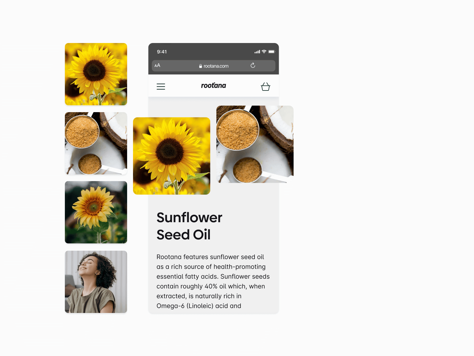 Gallery of photographs of vibrant yellow sunflowers and a woman with afro smiling floating off a mobile design. reads “sunflower seed oil” 