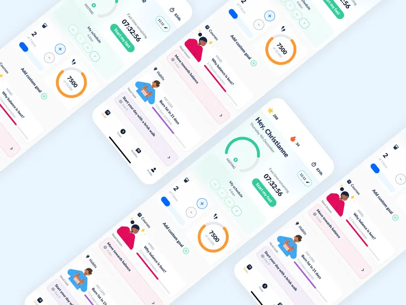 A colourful mockcup of Fastic’s homescreen, showing multiple screens placed diagonally on a blue background