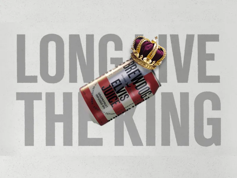 A grey textured background with Bold grey text saying “long live the king”. The text is partially blocked by a can of elvis juice in front of it wearing a crown.