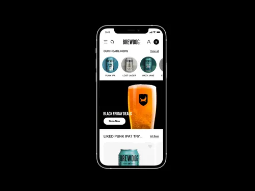 An iphone with the brewdog mobile website on the screen. The hero image shows a glass of beer with the words black Friday deals to the side of it.