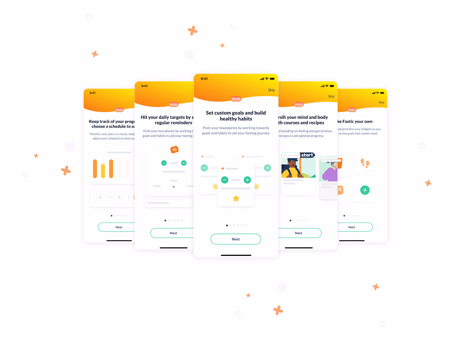 Multiple screens from an onboarding flow to inform a Fastic user of the features that will be included in their PLUS membership.