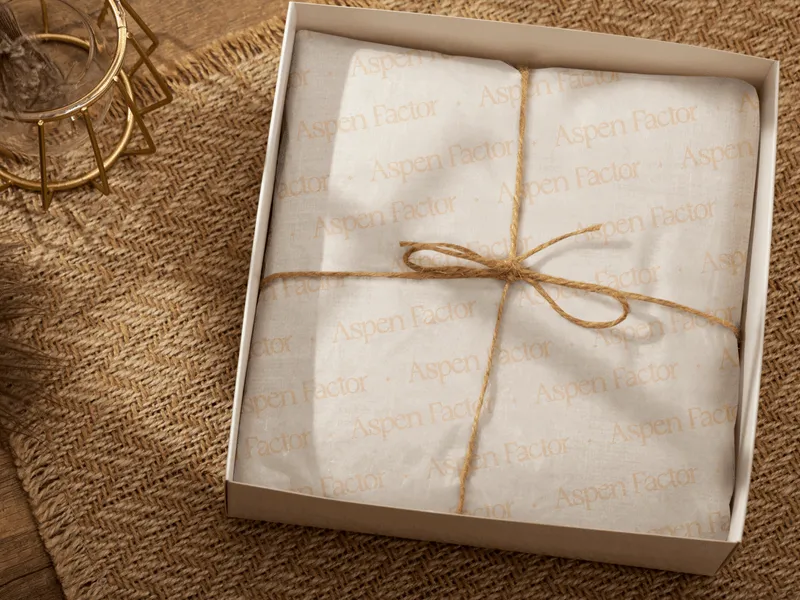 A wrapped box with a string with the lid of sitting on the floor, on a carpet; the paper inside has the Aspen Logo printed on it
