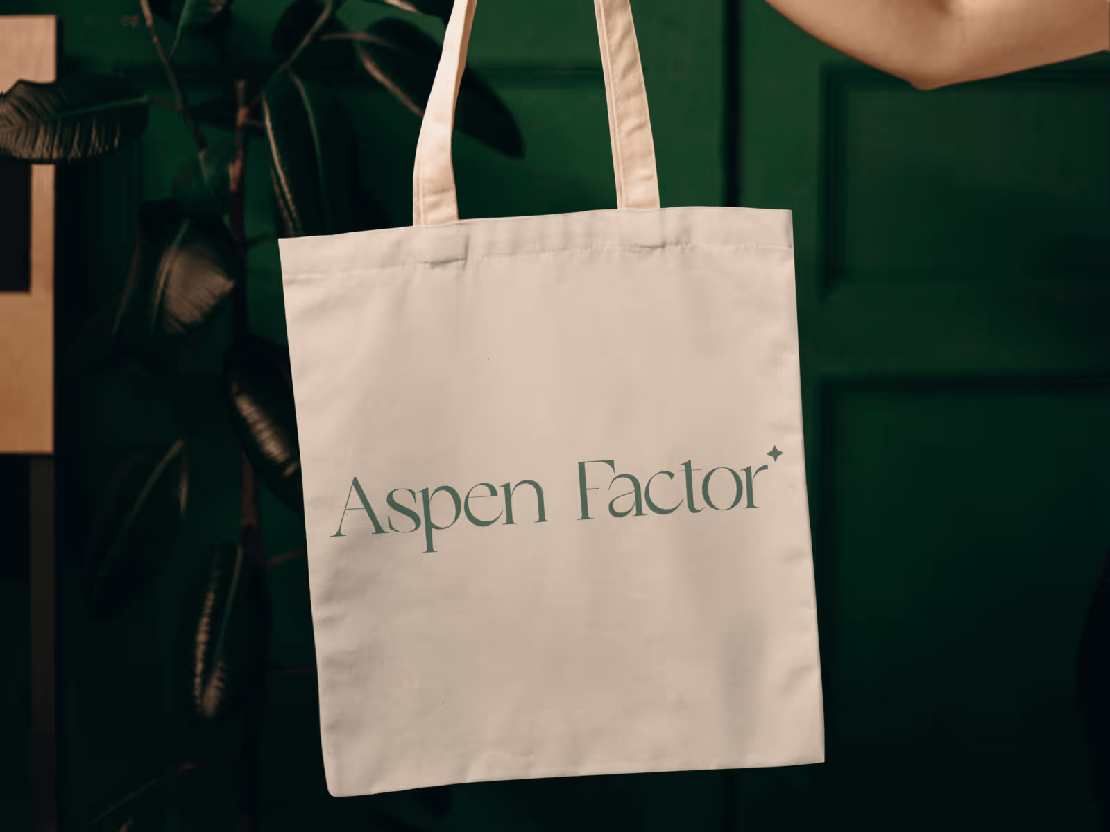 A nude canvas tote that someone is holding showing the Aspen Factor logo on