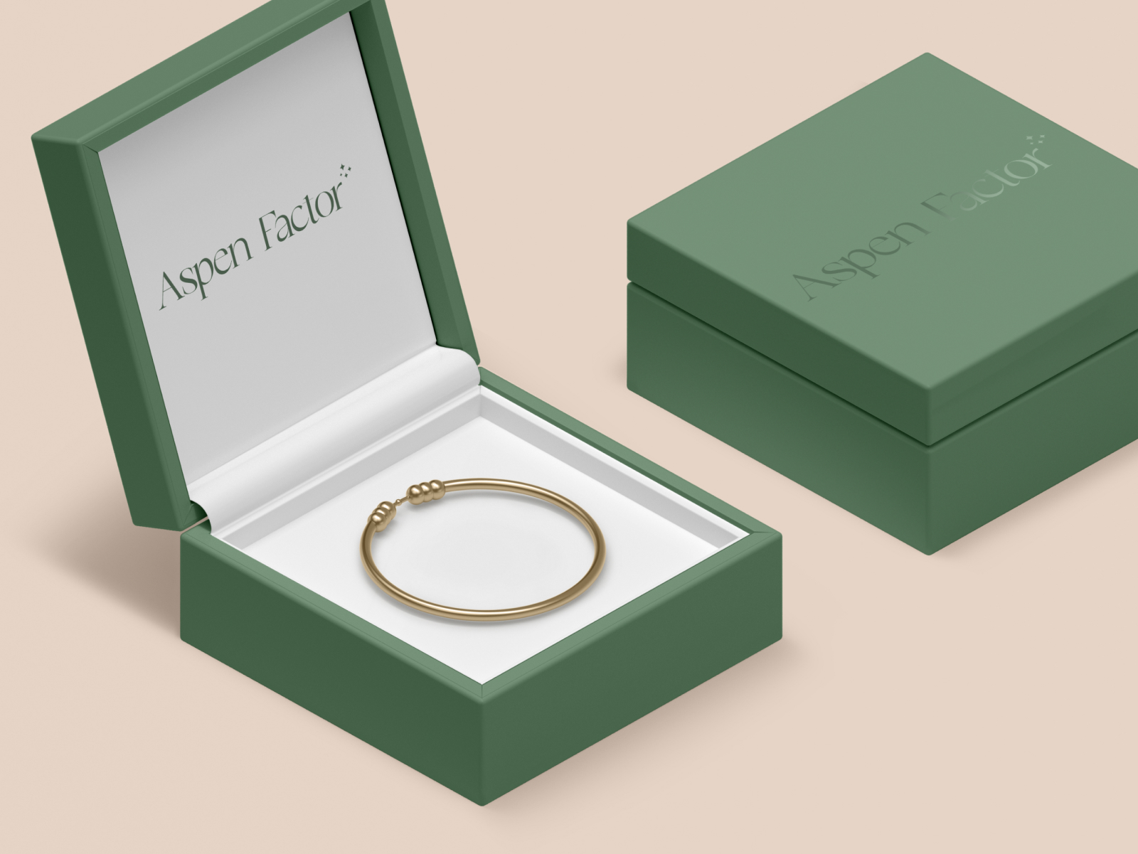 A green box open with a gold bracelet inside and the logo displayed on the inside of the box; an additional green box that is closed is sitting on the right