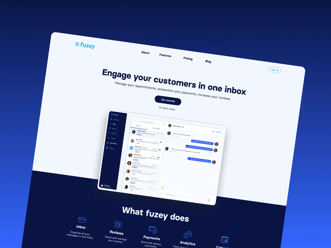 Fuzey's website home screen on dark gradient background