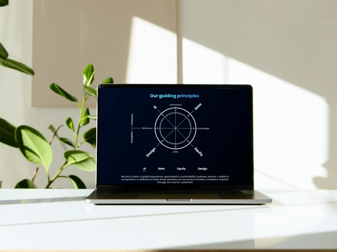 Photograph of laptop screen with a chart labeled “our guiding Principles” including AI, Information, Data, Design, Equity, Knowledge, Behaviour and Unity.