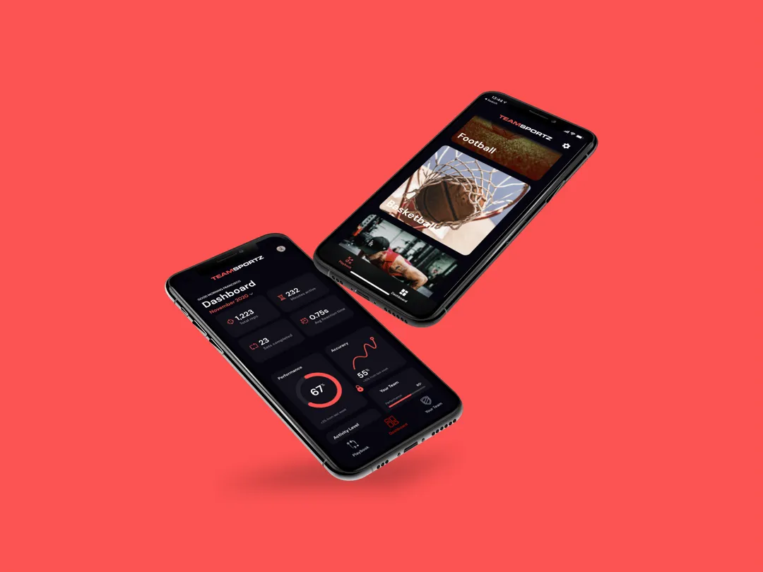 Two iPhones on red background showing Teamsportz's dashboard and playbook discovery section