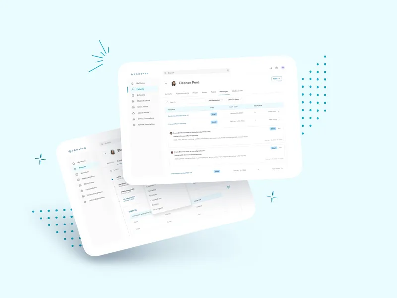 Two screens on a light blue background showing two pages of the patient's section on Prospyr's website
