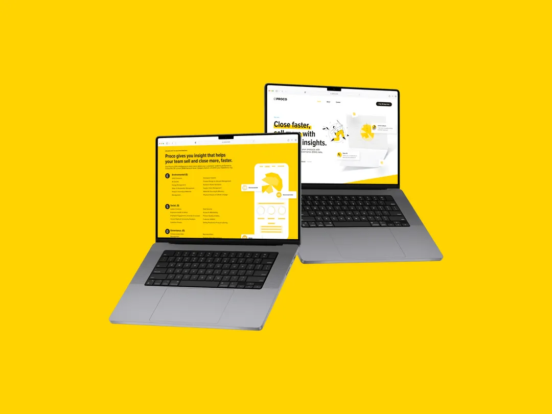 Two laptops on a yellow background showing Proco's website's home and more information pages 