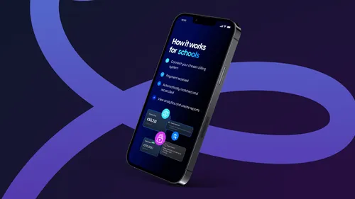 Black iPhone on purple background previewing the "how it works for schools" screen on Esenda's app 